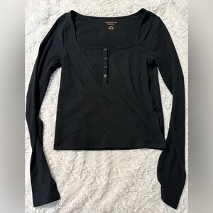 American Eagle Outfitters Black Ribbed Square-Neck Henley